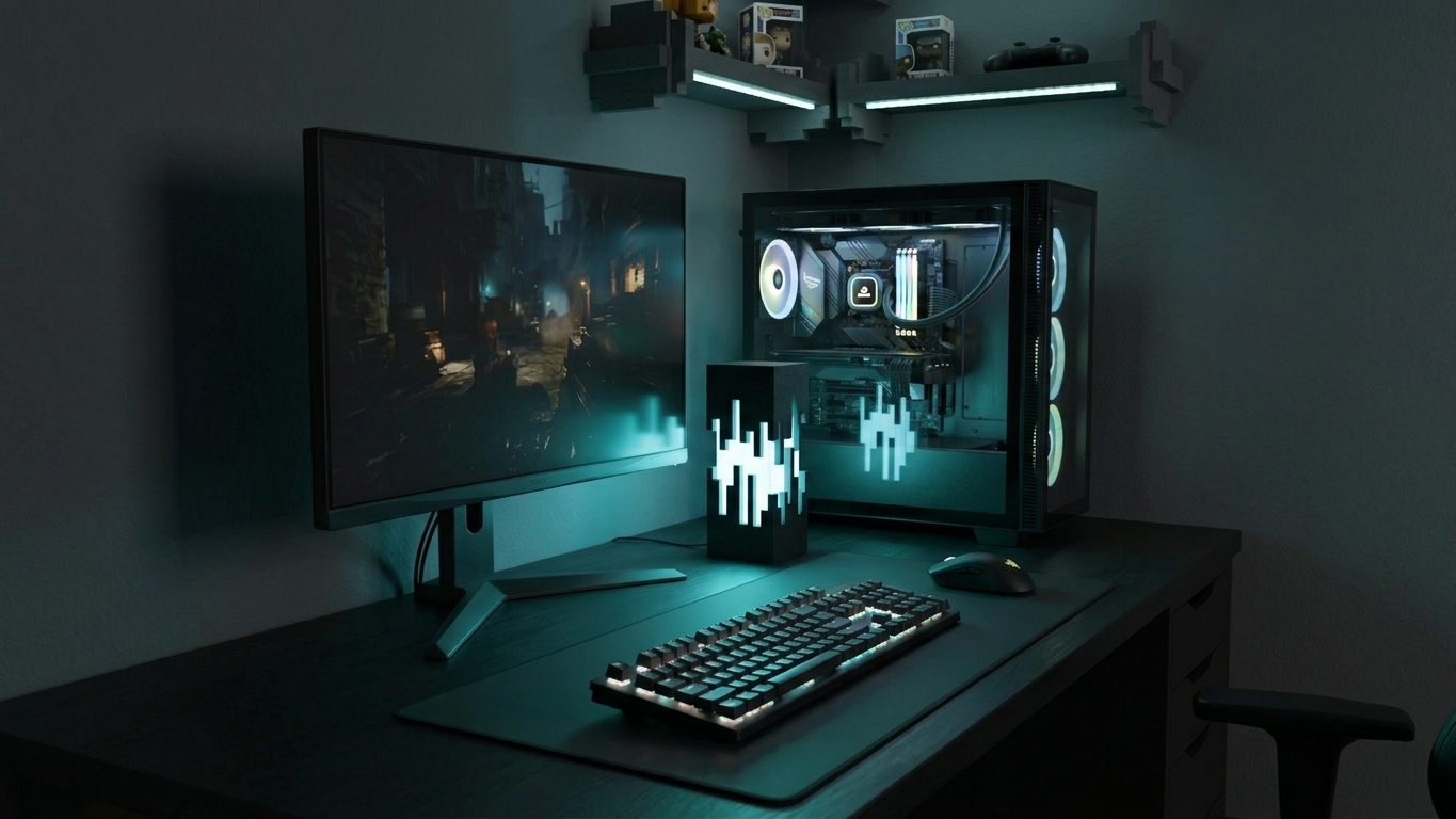 Minecraft-inspired lamp with cyan light