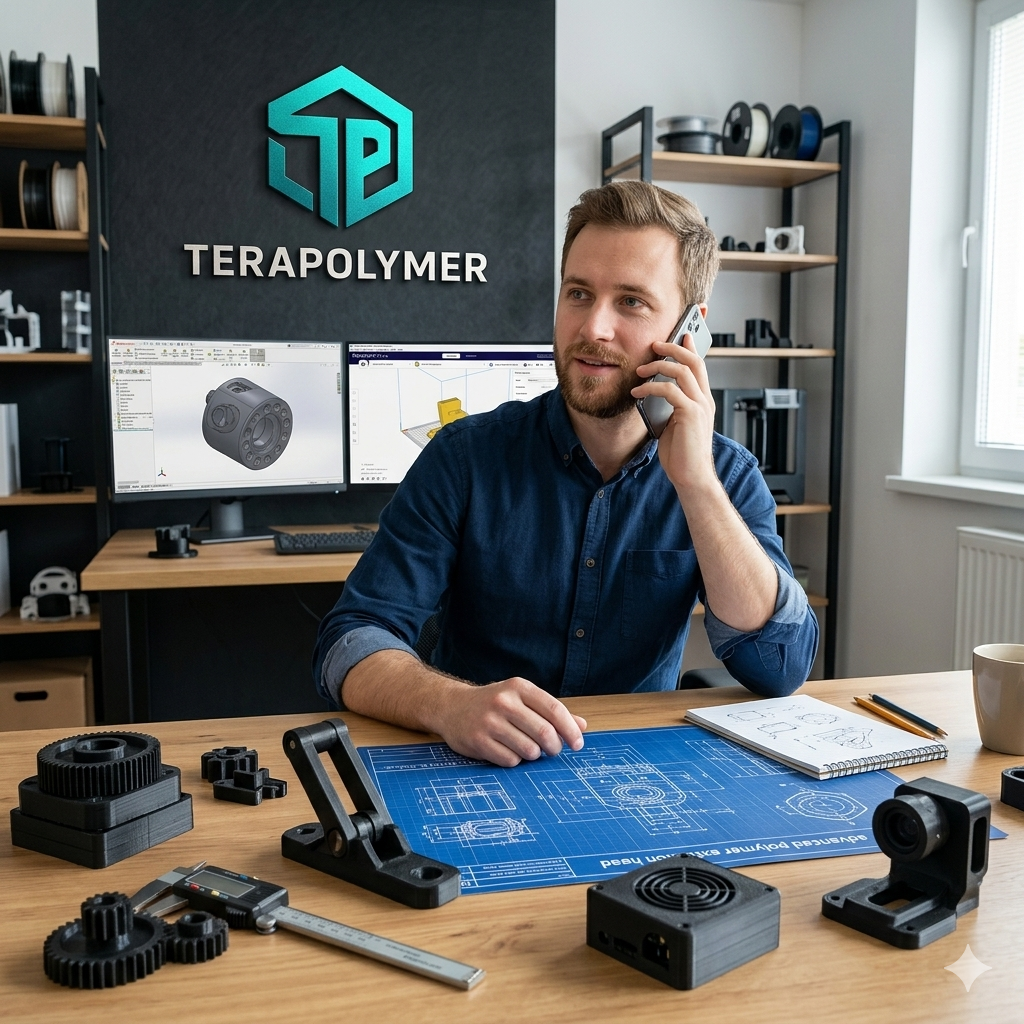 Workbench with TeraPolymer logo on wall